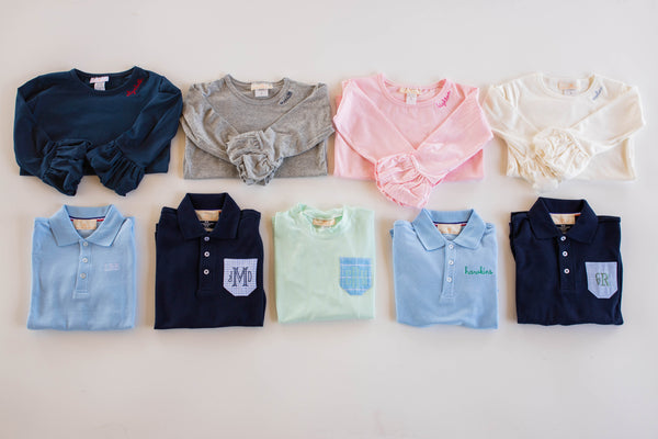 Boy Polo Long Sleeve Navy with Pocket w/ Stacked Embroidered Monogram
