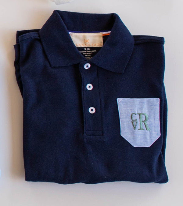 Boy Polo Long Sleeve Navy with Pocket w/ Stacked Embroidered Monogram