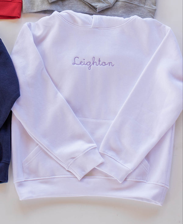 Fleece Hoodie White w/ Cursive Handwritten Name