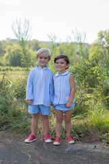 Graham Knit Shirt Sleeveless in Blue Gingham Knit