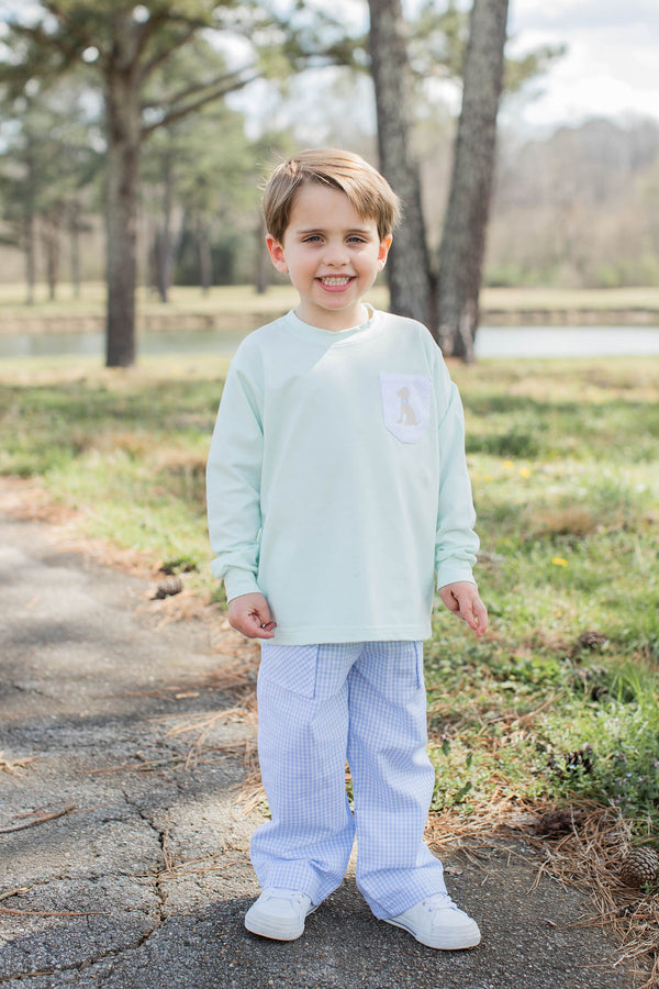 Boy Tee Long Sleeve Premium in Icy Mint Knit with Pocket w/ Mini Puppy Dog