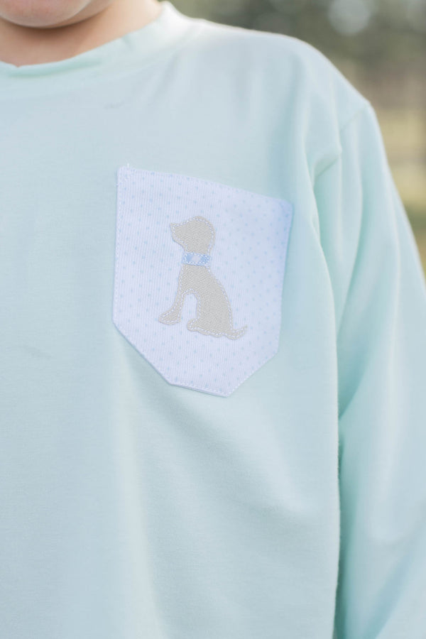 Boy Tee Long Sleeve Premium in Icy Mint Knit with Pocket w/ Mini Puppy Dog