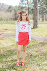 Angel Tee Long Sleeve Basic in White Knit w/ Cherry Red Cord Fancy Bow