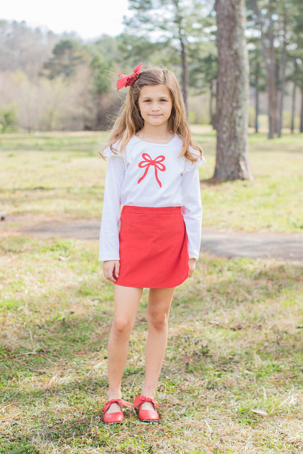 Angel Tee Long Sleeve Basic in White Knit w/ Cherry Red Cord Fancy Bow
