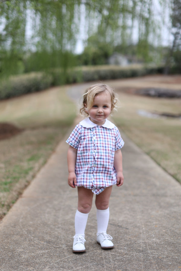 Baine Short Sleeve Scalloped Bubble in Holiday Tattersall